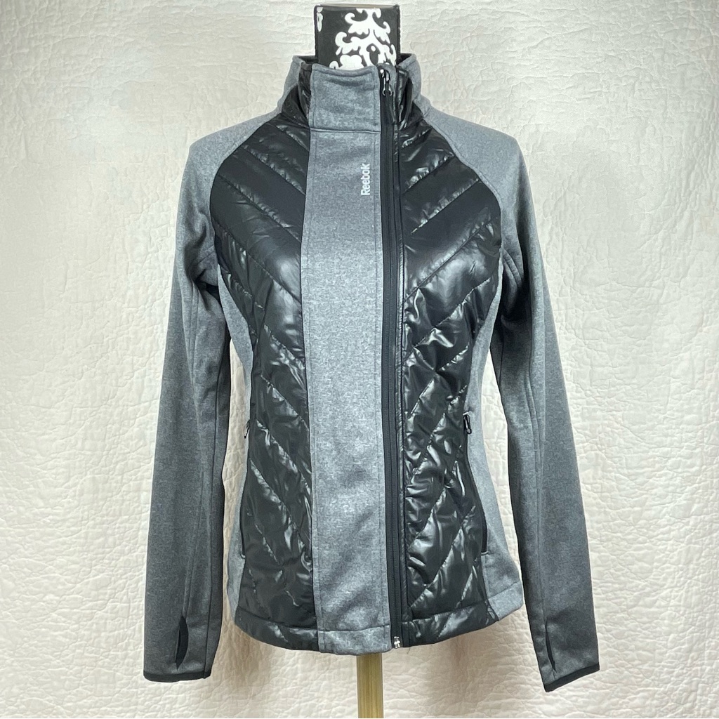 5/$25 Reebok Running Jacket Quilted Lightweight Black Gray Full Zip Sz M